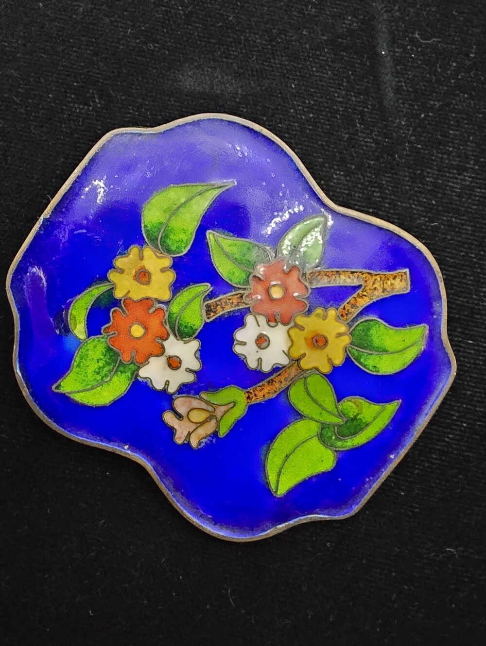 Brass Cobalt Enamel Cloisonne Floral Belt Buckle Vintage 1970s 1980s